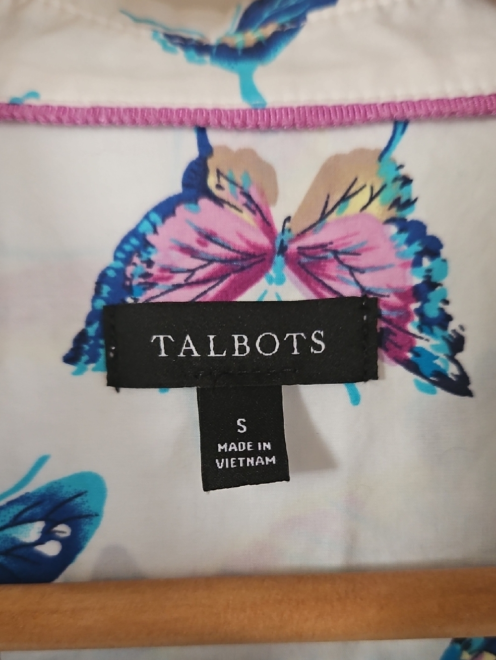 Talbots White Top with Blue and Pink Butterfly Print S - Picture 2 of 5